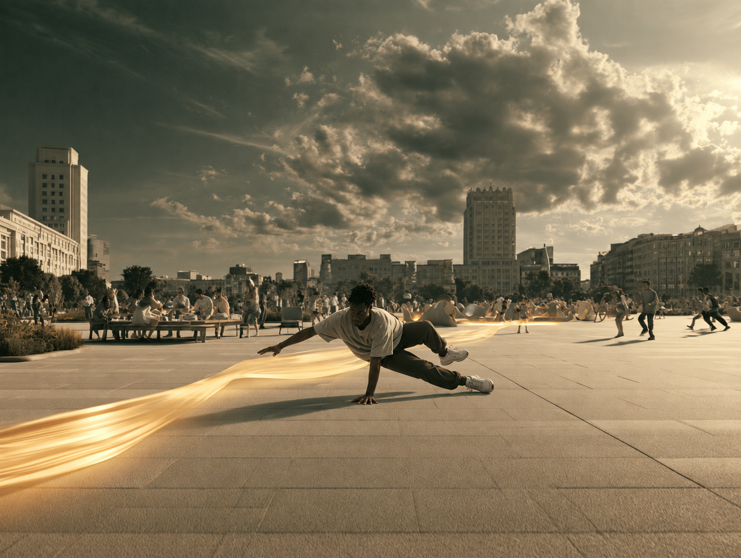 A breakdancer balances on one hand with the other arm extended and both legs clearly visible, beside a golden trail of light in an imagined city square.