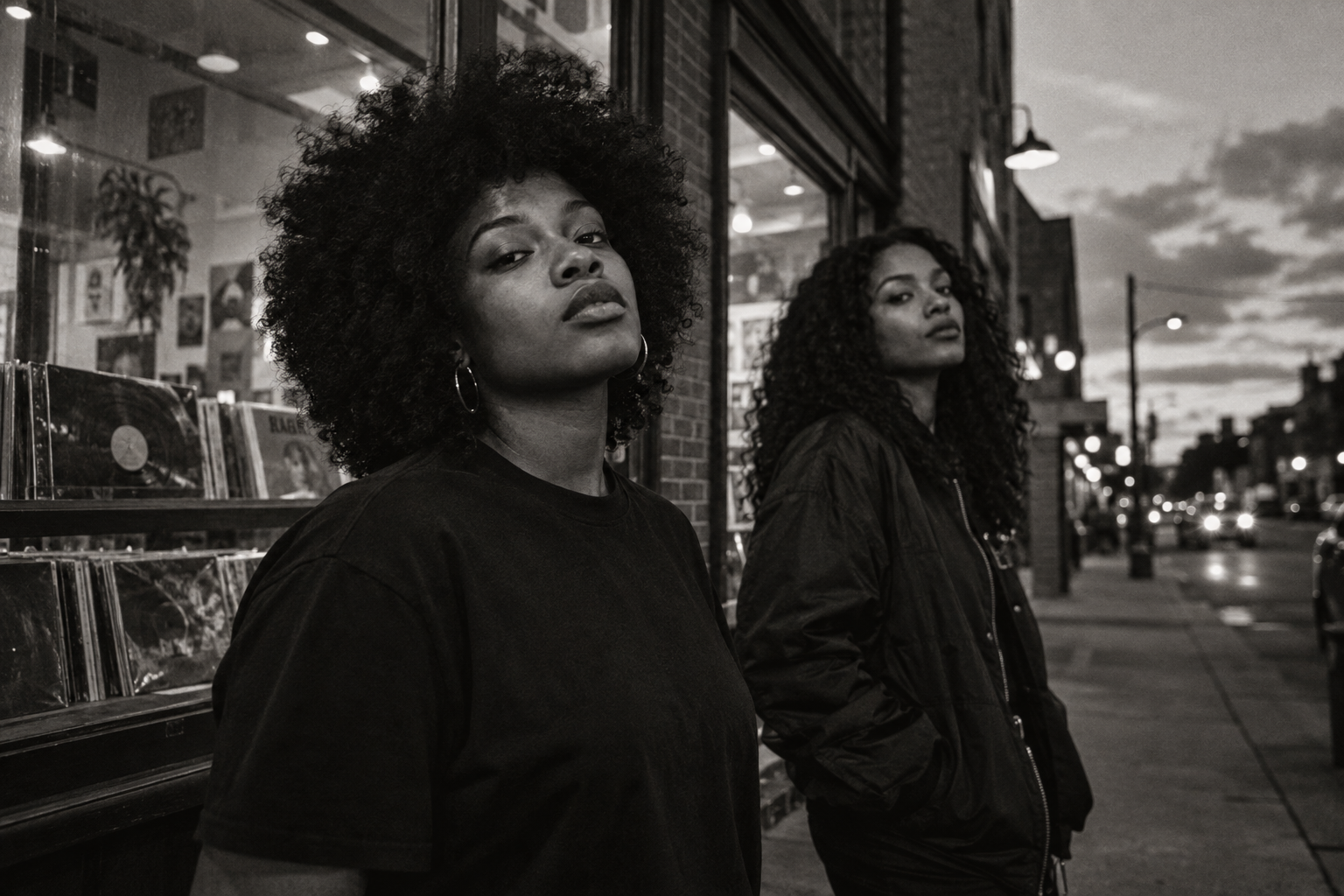 Two women outside a record store in a black-and-white editorial portrait.