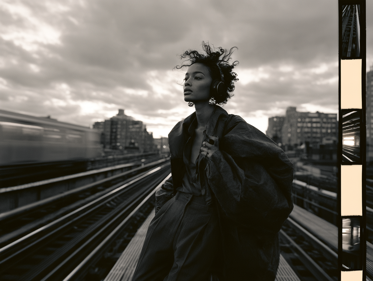 A woman wearing headphones, her hair lifted by the wind, beside elevated train tracks with a moving train and city buildings behind her.