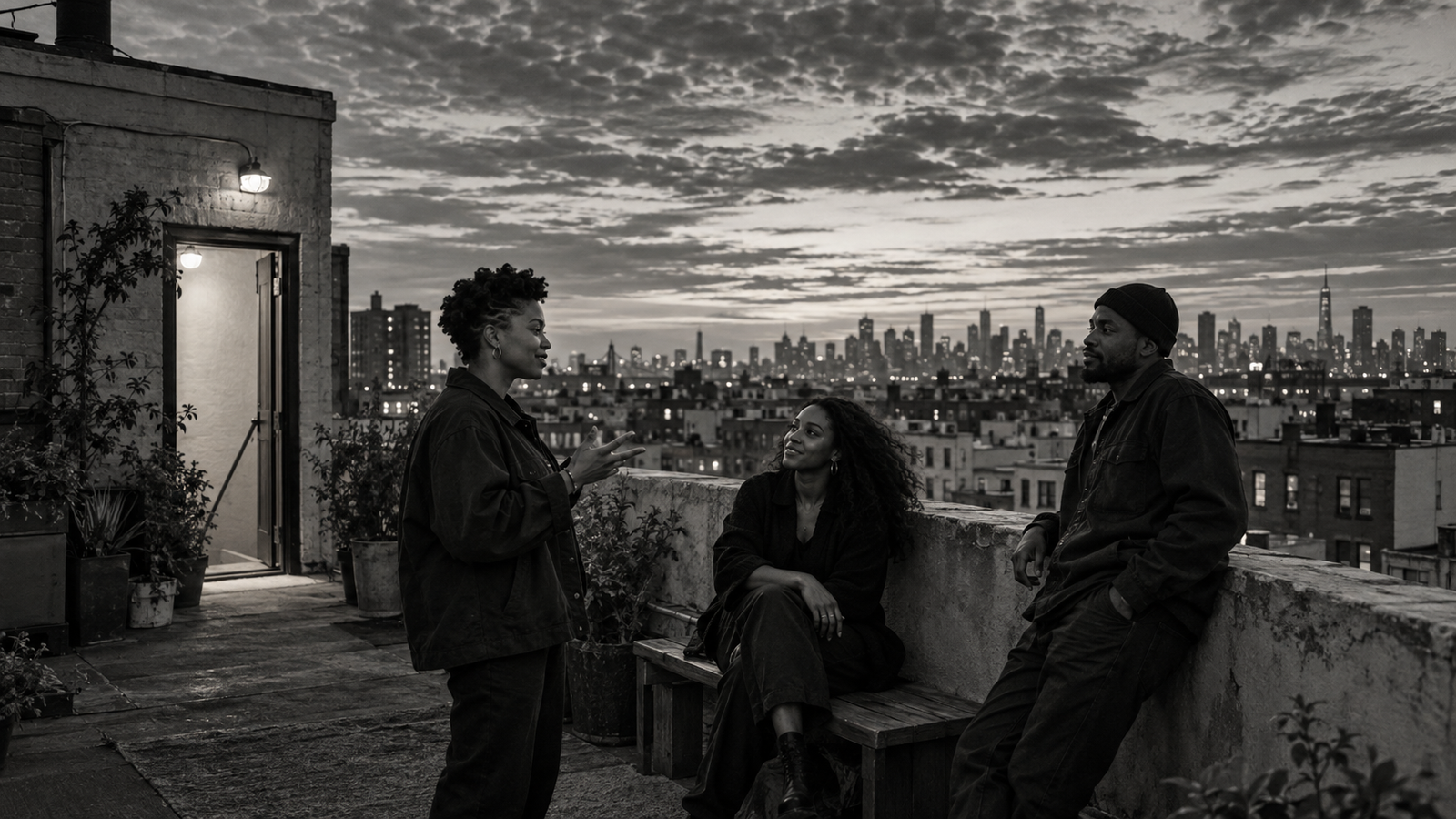 Three people in conversation on a rooftop overlooking the city.