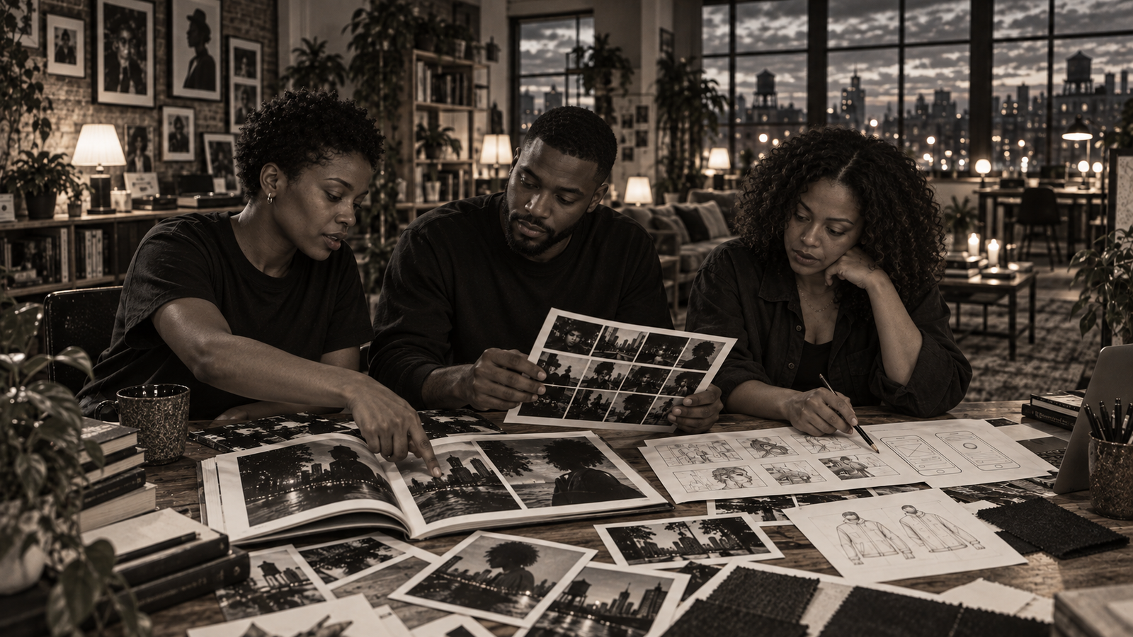 Three people reviewing photographs and design sketches around a table, with city rooftops visible through the windows.